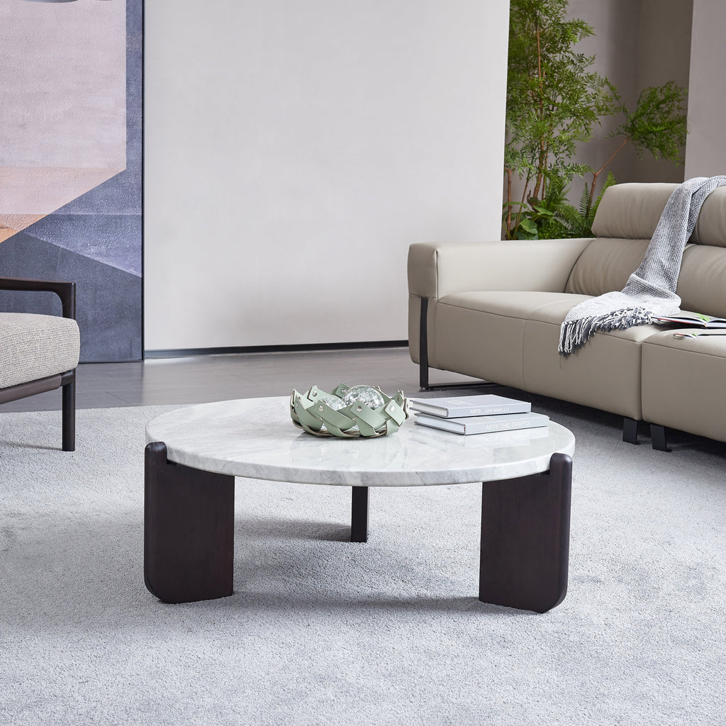 Round Faux Marble Solid Wood Coffee Table - Nordic Natural Texture Accent Table For Living Room Lumendat