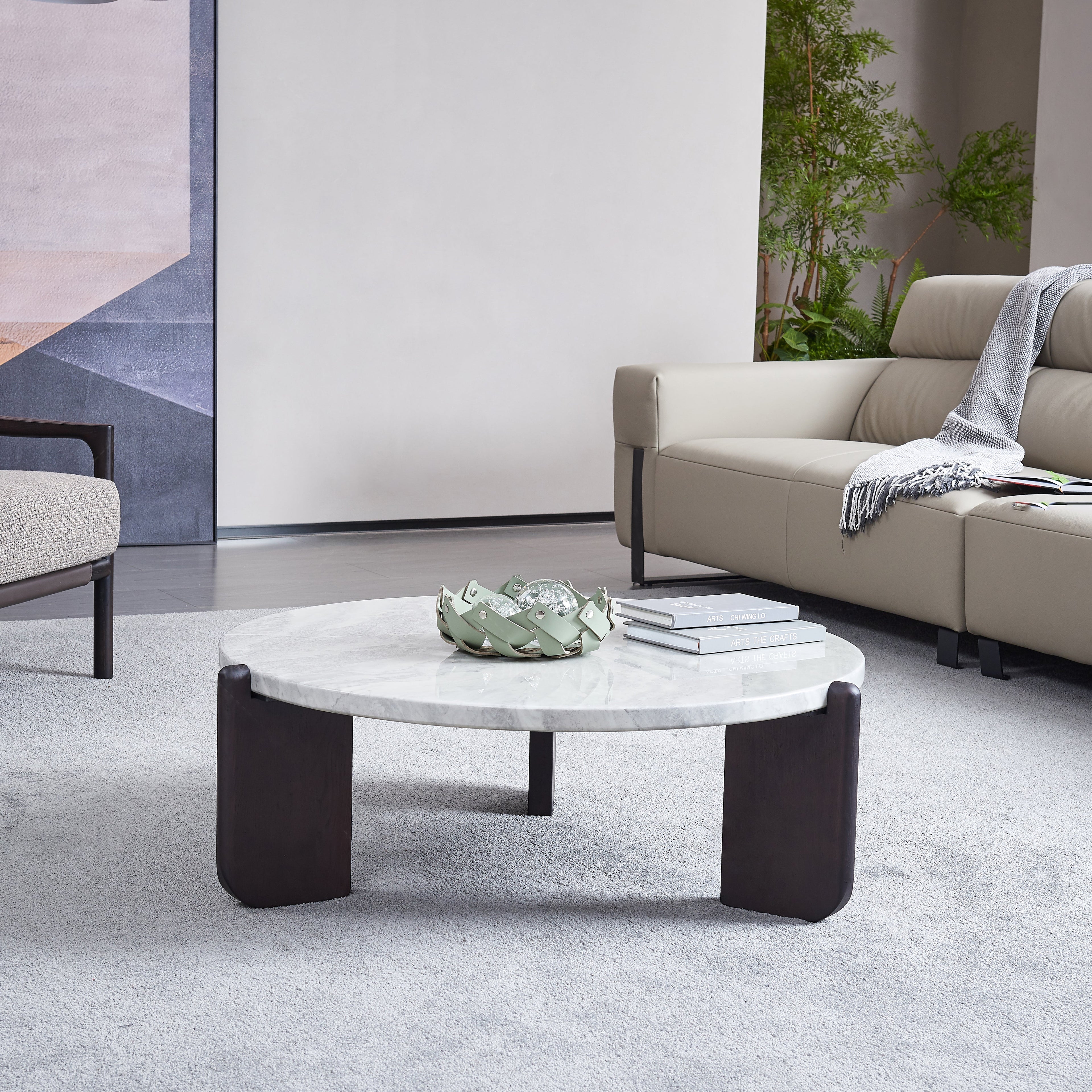 Round Faux Marble Solid Wood Coffee Table - Nordic Natural Texture Accent Table For Living Room Lumendat