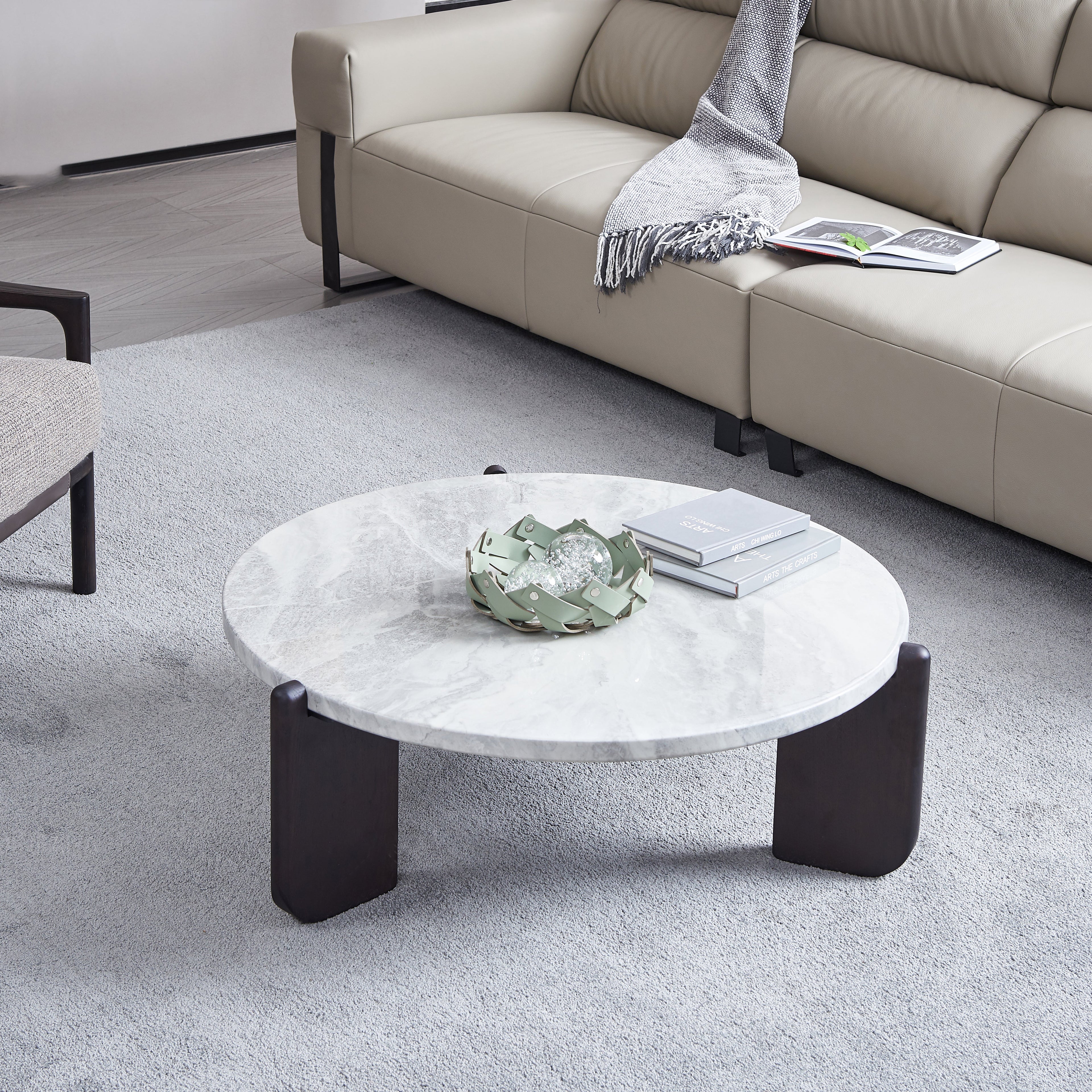 Round Faux Marble Solid Wood Coffee Table - Nordic Natural Texture Accent Table For Living Room Lumendat