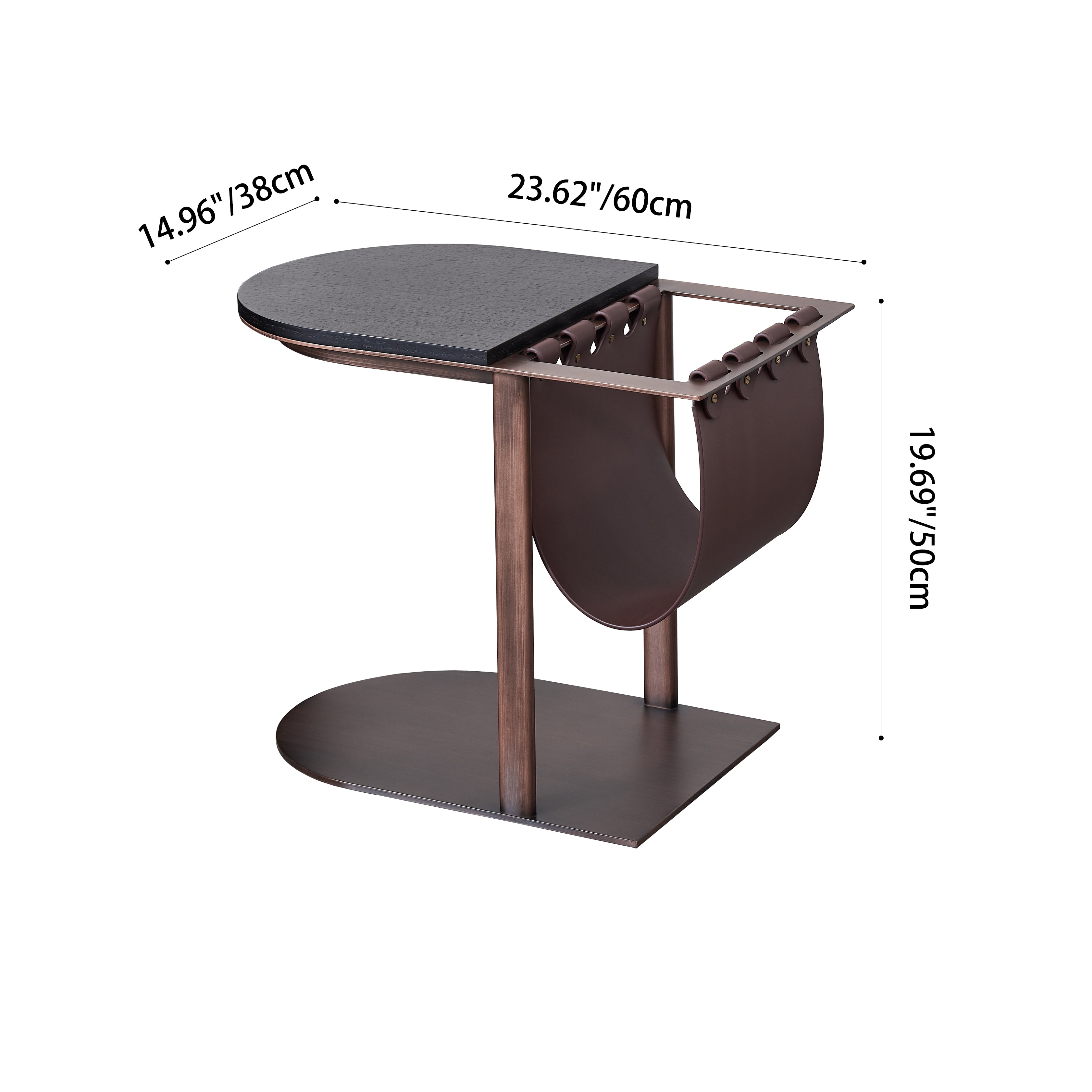 Half Oval Wood Faux Saddle Leather Metal Side Table - Vintage Decorative End Table For Living Room Lumendat