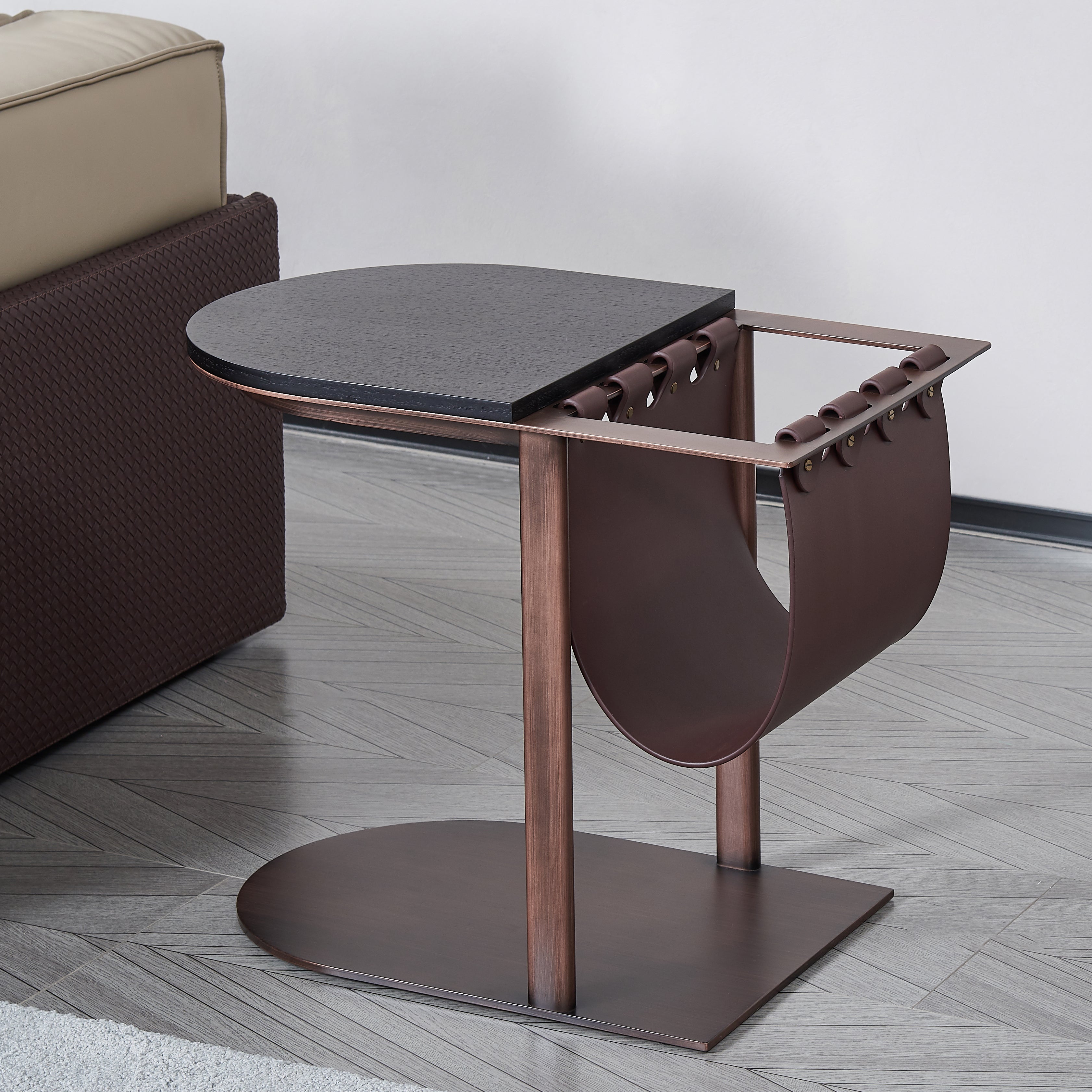 Half Oval Wood Faux Saddle Leather Metal Side Table - Vintage Decorative End Table For Living Room Lumendat