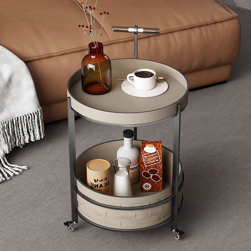 Rolling Round Faux Saddle Leather Acrylic Side Table - Vintage Dual-Layer Storage Trolley With Stainless Steel Frame For Living Room Lumendat