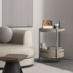 Rolling Round Faux Saddle Leather Acrylic Side Table - Vintage Dual-Layer Storage Trolley With Stainless Steel Frame For Living Room Lumendat