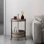 Rolling Round Faux Saddle Leather Acrylic Side Table - Vintage Dual-Layer Storage Trolley With Stainless Steel Frame For Living Room Lumendat