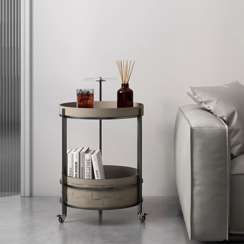 Rolling Round Faux Saddle Leather Acrylic Side Table - Vintage Dual-Layer Storage Trolley With Stainless Steel Frame For Living Room Lumendat