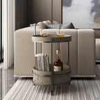 Rolling Round Faux Saddle Leather Acrylic Side Table - Vintage Dual-Layer Storage Trolley With Stainless Steel Frame For Living Room Lumendat