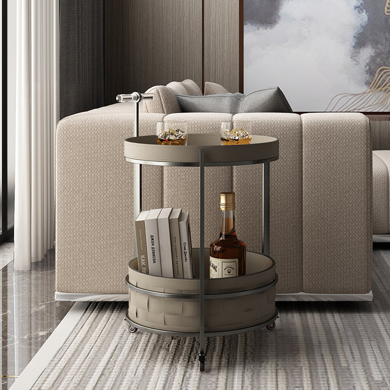 Rolling Round Faux Saddle Leather Acrylic Side Table - Vintage Dual-Layer Storage Trolley With Stainless Steel Frame For Living Room Lumendat
