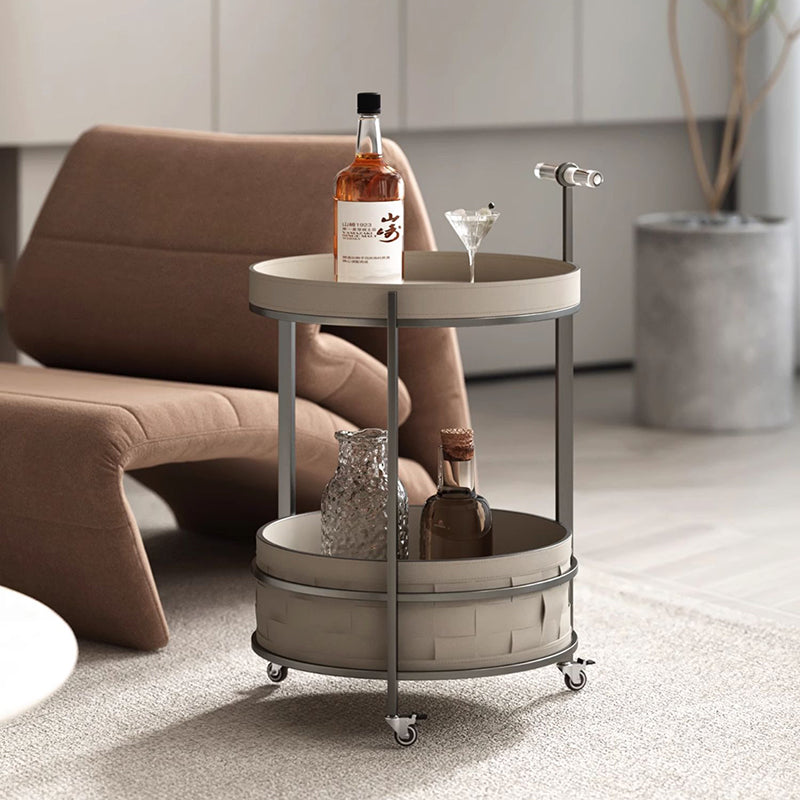 Rolling Round Faux Saddle Leather Acrylic Side Table - Vintage Dual-Layer Storage Trolley With Stainless Steel Frame For Living Room Lumendat