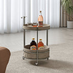 Rolling Round Faux Saddle Leather Acrylic Side Table - Vintage Dual-Layer Storage Trolley With Stainless Steel Frame For Living Room Lumendat