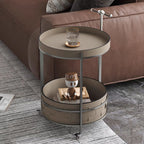 Rolling Round Faux Saddle Leather Acrylic Side Table - Vintage Dual-Layer Storage Trolley With Stainless Steel Frame For Living Room Lumendat
