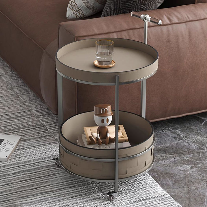Rolling Round Faux Saddle Leather Acrylic Side Table - Vintage Dual-Layer Storage Trolley With Stainless Steel Frame For Living Room Lumendat
