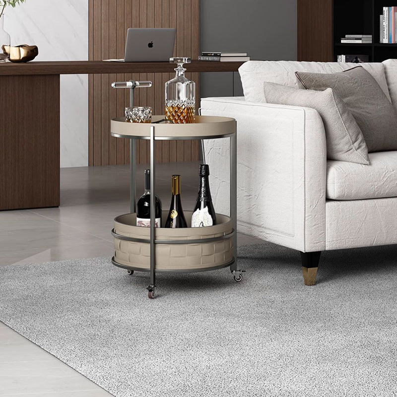 Rolling Round Faux Saddle Leather Acrylic Side Table - Vintage Dual-Layer Storage Trolley With Stainless Steel Frame For Living Room Lumendat