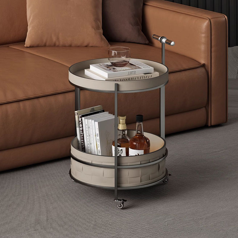 Rolling Round Faux Saddle Leather Acrylic Side Table - Vintage Dual-Layer Storage Trolley With Stainless Steel Frame For Living Room Lumendat