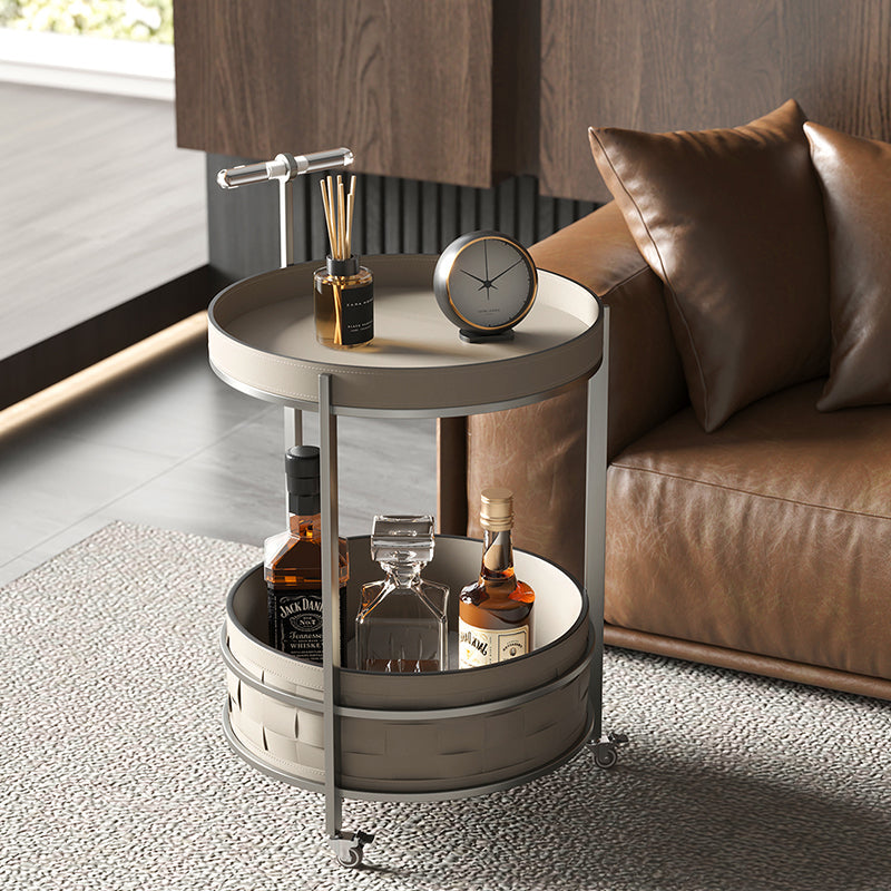 Rolling Round Faux Saddle Leather Acrylic Side Table - Vintage Dual-Layer Storage Trolley With Stainless Steel Frame For Living Room Lumendat