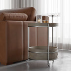 Rolling Round Faux Saddle Leather Acrylic Side Table - Vintage Dual-Layer Storage Trolley With Stainless Steel Frame For Living Room Lumendat