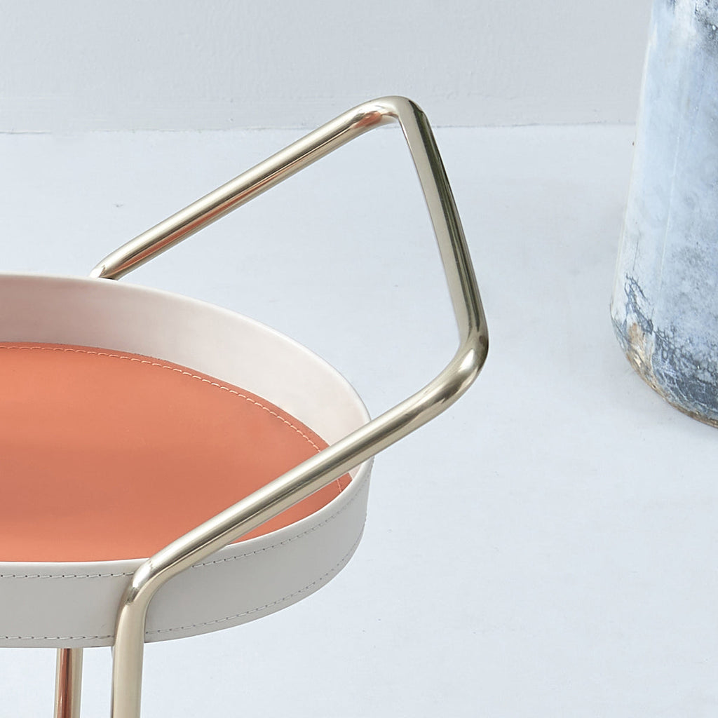 Mobile Oval Faux Saddle Leather Side Table With Gold Stainless Steel Frame -Creative Rolling Dual Tier Drink Trolley For Dining Room Lumendat