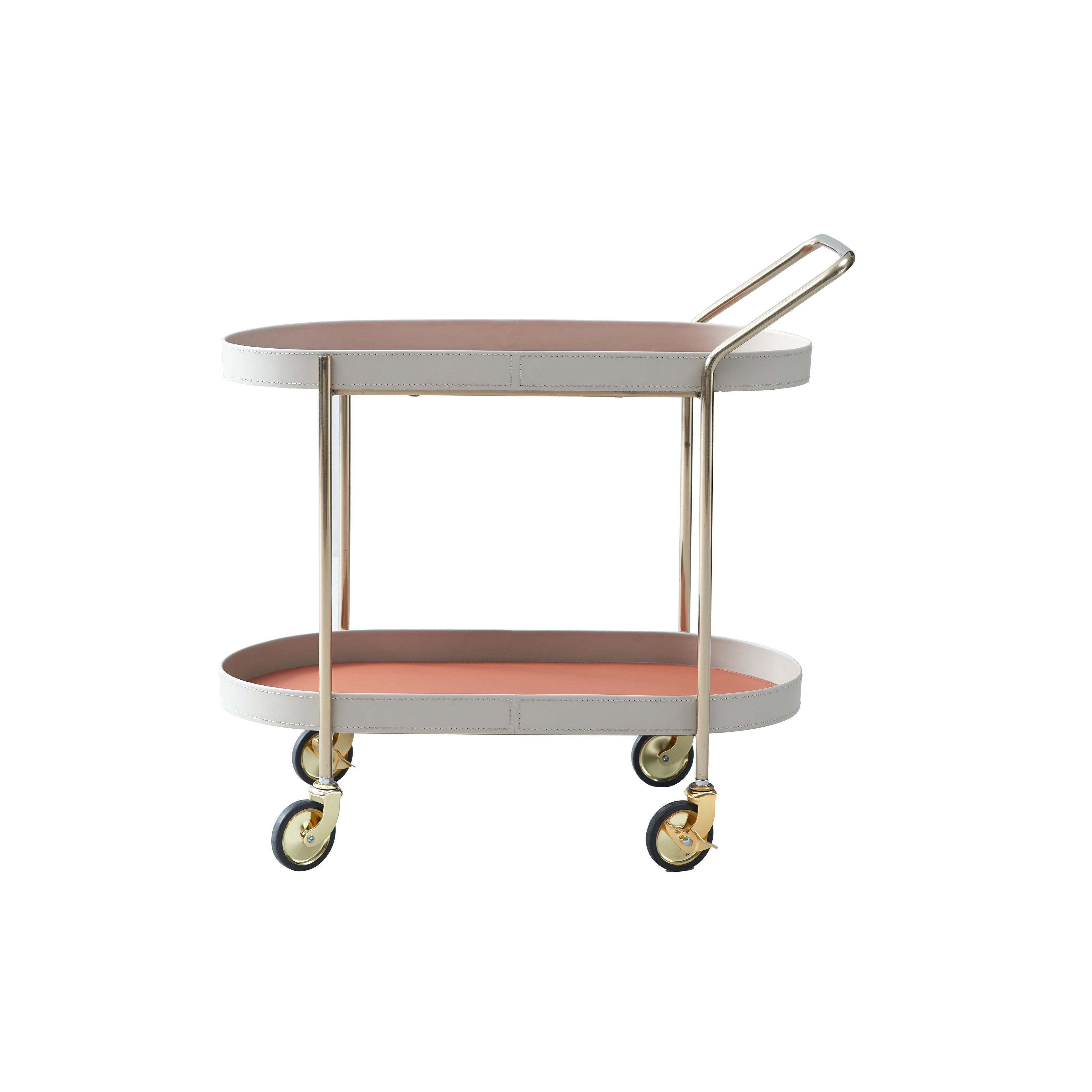Mobile Oval Faux Saddle Leather Side Table With Gold Stainless Steel Frame -Creative Rolling Dual Tier Drink Trolley For Dining Room Lumendat