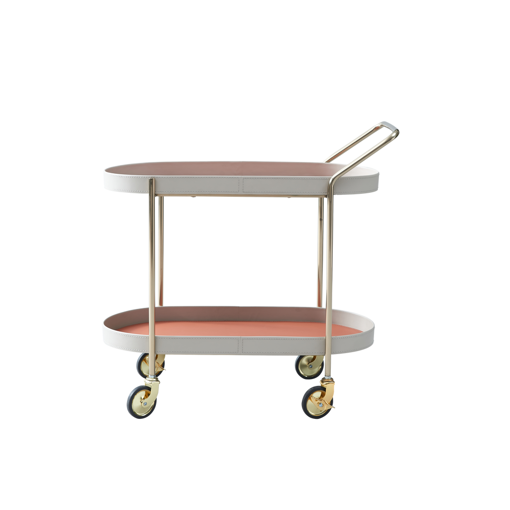 Mobile Oval Faux Saddle Leather Side Table With Gold Stainless Steel Frame -Creative Rolling Dual Tier Drink Trolley For Dining Room Lumendat