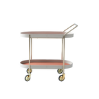 Mobile Oval Faux Saddle Leather Side Table With Gold Stainless Steel Frame -Creative Rolling Dual Tier Drink Trolley For Dining Room Lumendat