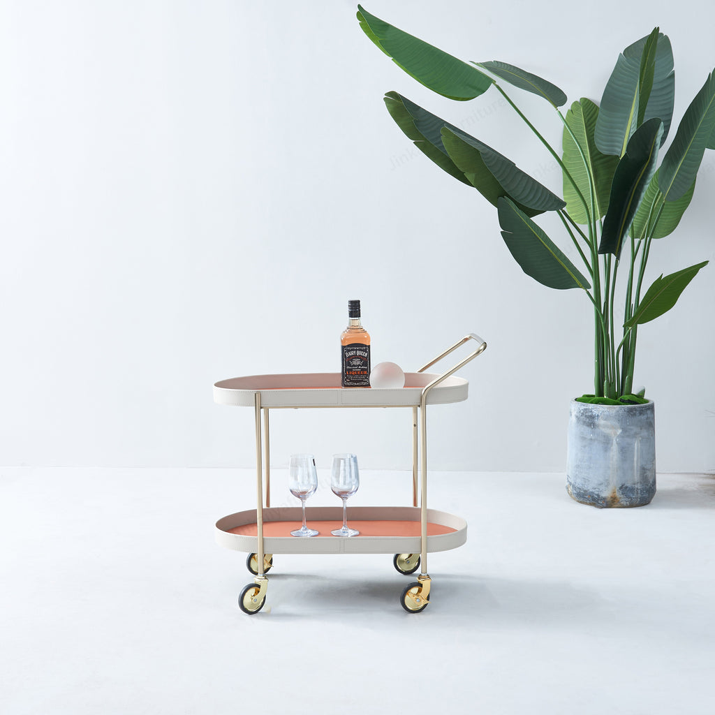 Mobile Oval Faux Saddle Leather Side Table With Gold Stainless Steel Frame -Creative Rolling Dual Tier Drink Trolley For Dining Room Lumendat