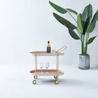 Mobile Oval Faux Saddle Leather Side Table With Gold Stainless Steel Frame -Creative Rolling Dual Tier Drink Trolley For Dining Room Lumendat
