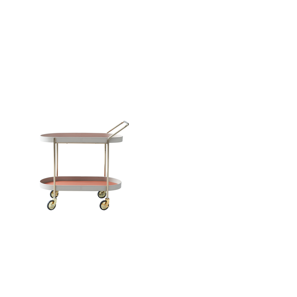 Mobile Oval Faux Saddle Leather Side Table With Gold Stainless Steel Frame -Creative Rolling Dual Tier Drink Trolley For Dining Room Lumendat
