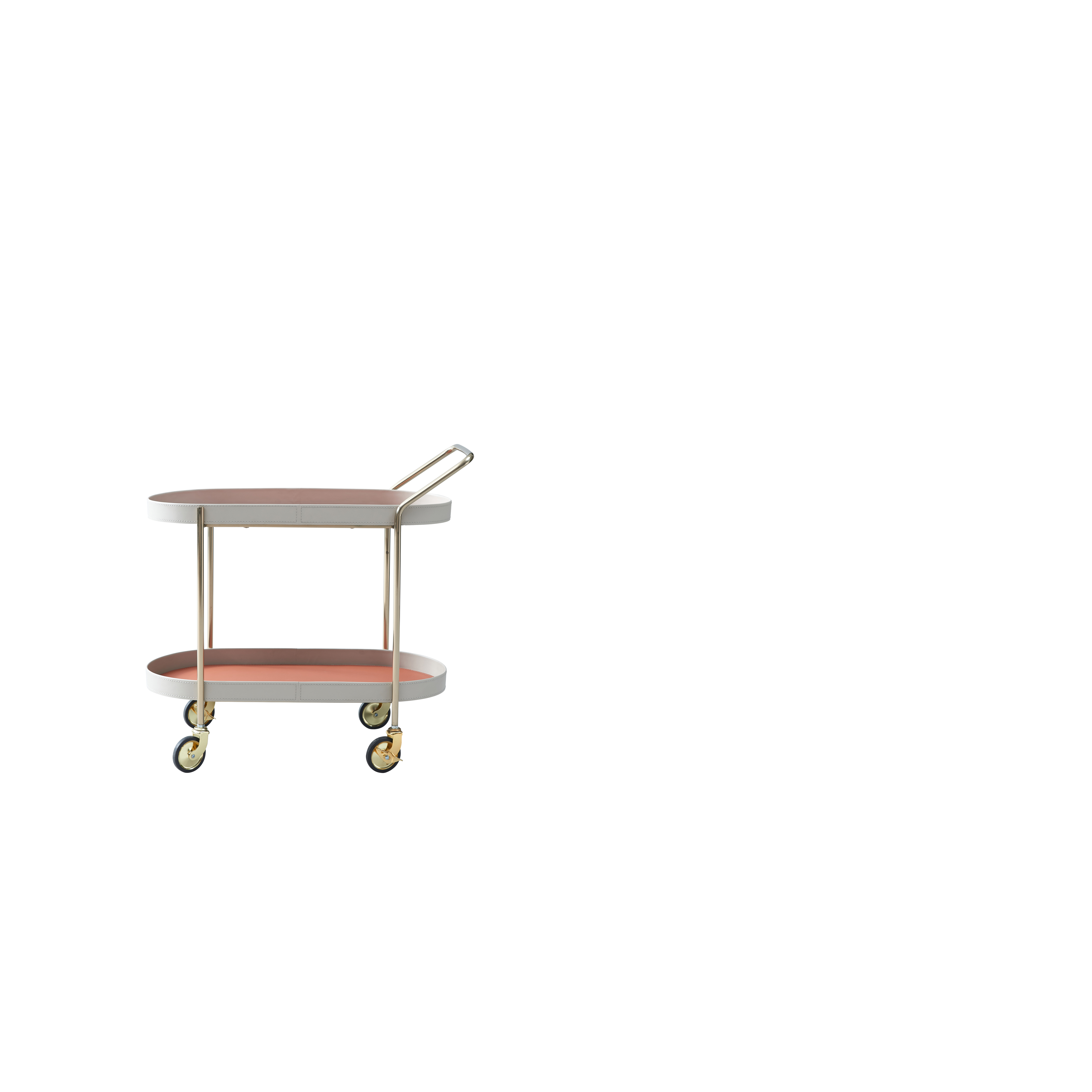 Mobile Oval Faux Saddle Leather Side Table With Gold Stainless Steel Frame -Creative Rolling Dual Tier Drink Trolley For Dining Room Lumendat