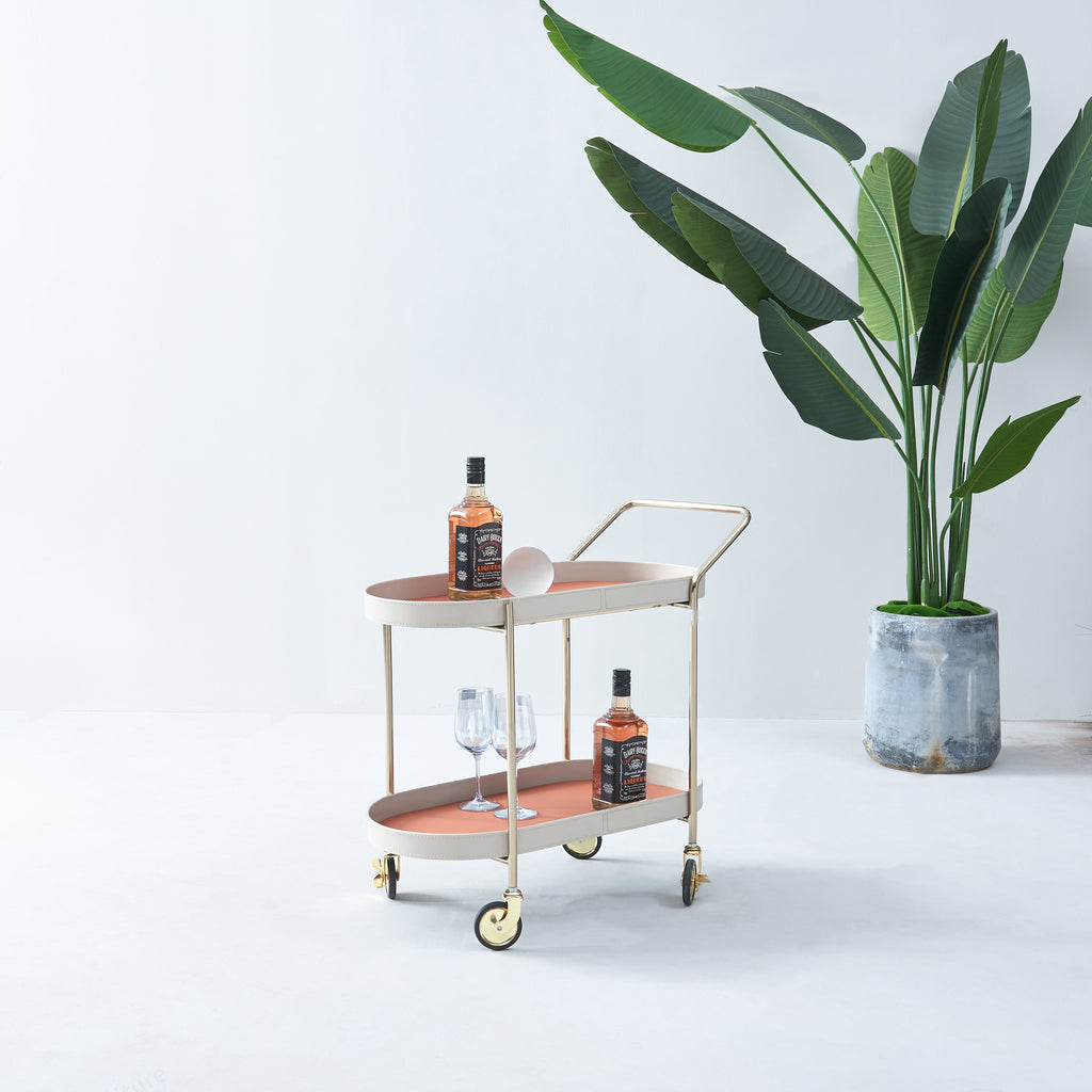 Mobile Oval Faux Saddle Leather Side Table With Gold Stainless Steel Frame -Creative Rolling Dual Tier Drink Trolley For Dining Room Lumendat