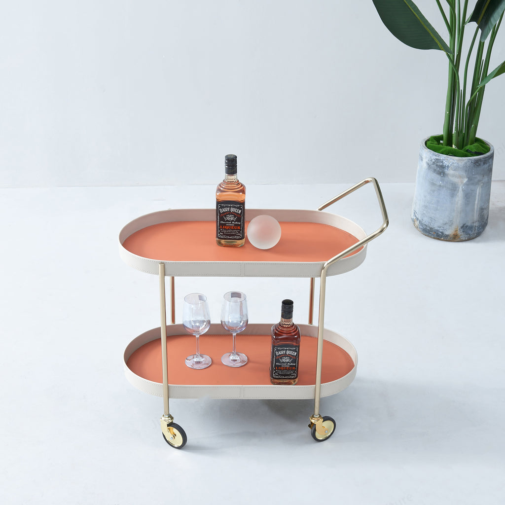 Mobile Oval Faux Saddle Leather Side Table With Gold Stainless Steel Frame -Creative Rolling Dual Tier Drink Trolley For Dining Room Lumendat