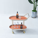 Mobile Oval Faux Saddle Leather Side Table With Gold Stainless Steel Frame -Creative Rolling Dual Tier Drink Trolley For Dining Room Lumendat