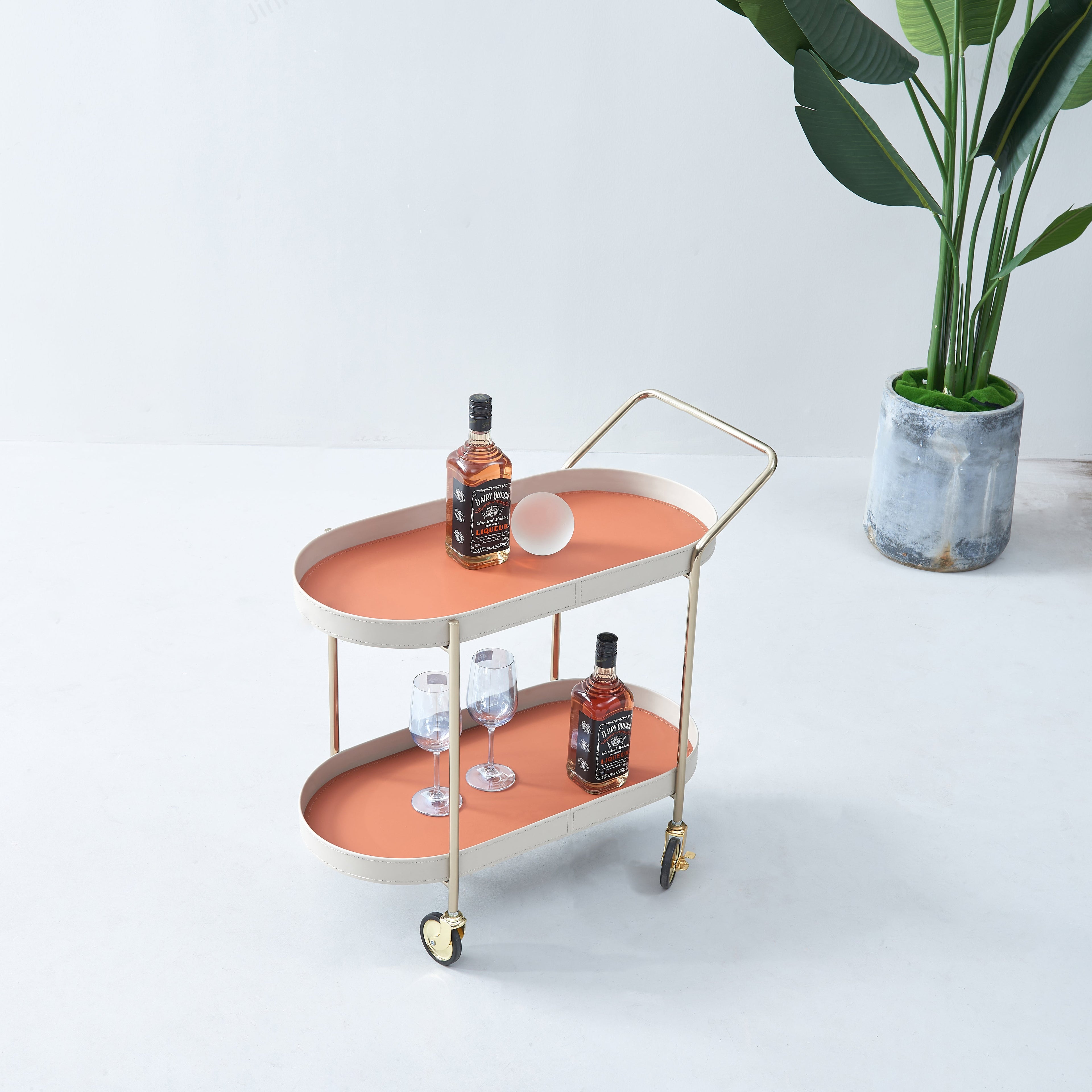 Mobile Oval Faux Saddle Leather Side Table With Gold Stainless Steel Frame -Creative Rolling Dual Tier Drink Trolley For Dining Room Lumendat