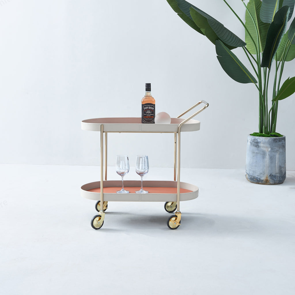 Mobile Oval Faux Saddle Leather Side Table With Gold Stainless Steel Frame -Creative Rolling Dual Tier Drink Trolley For Dining Room Lumendat