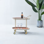 Mobile Oval Faux Saddle Leather Side Table With Gold Stainless Steel Frame -Creative Rolling Dual Tier Drink Trolley For Dining Room Lumendat