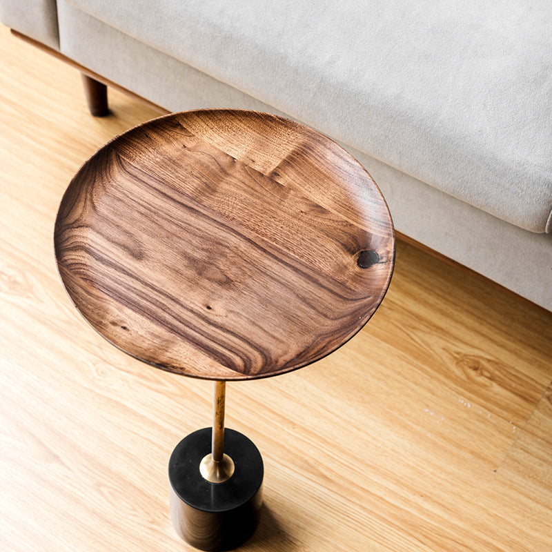 Round Walnut Wood With Solid Steel Base End Table - Vintage Compact Functionality 1-Tray Side Table For Living Room Lumendat