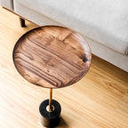 Round Walnut Wood With Solid Steel Base End Table - Vintage Compact Functionality 1-Tray Side Table For Living Room Lumendat