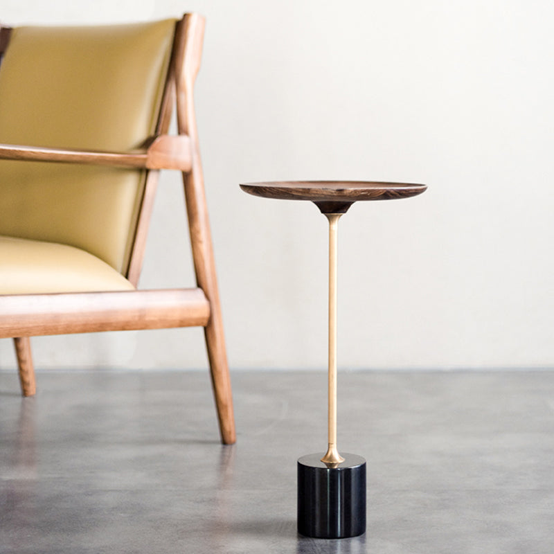 Round Walnut Wood With Solid Steel Base End Table - Vintage Compact Functionality 1-Tray Side Table For Living Room Lumendat