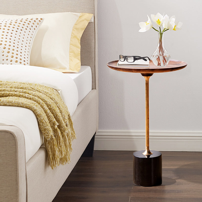 Round Walnut Wood With Solid Steel Base End Table - Vintage Compact Functionality 1-Tray Side Table For Living Room Lumendat