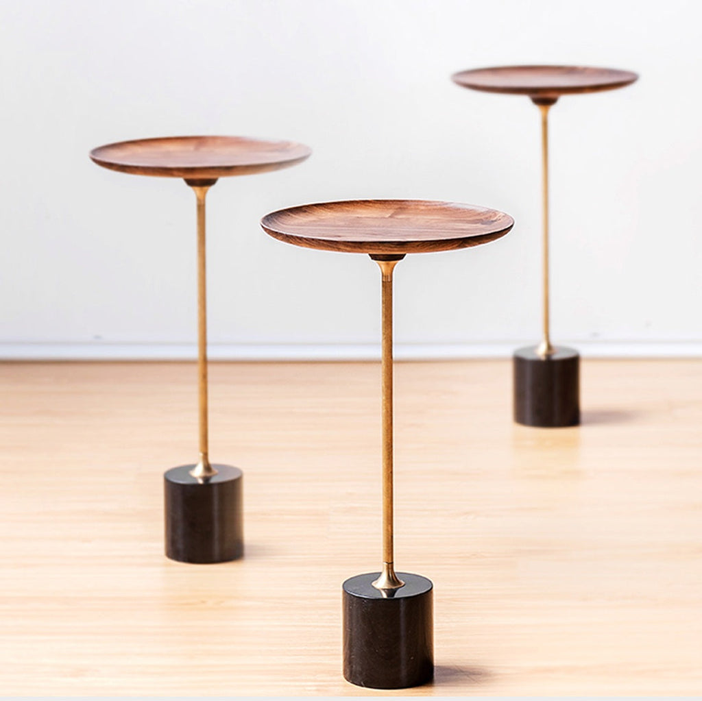 Round Walnut Wood With Solid Steel Base End Table - Vintage Compact Functionality 1-Tray Side Table For Living Room Lumendat