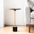 Round Walnut Wood With Solid Steel Base End Table - Vintage Compact Functionality 1-Tray Side Table For Living Room Lumendat