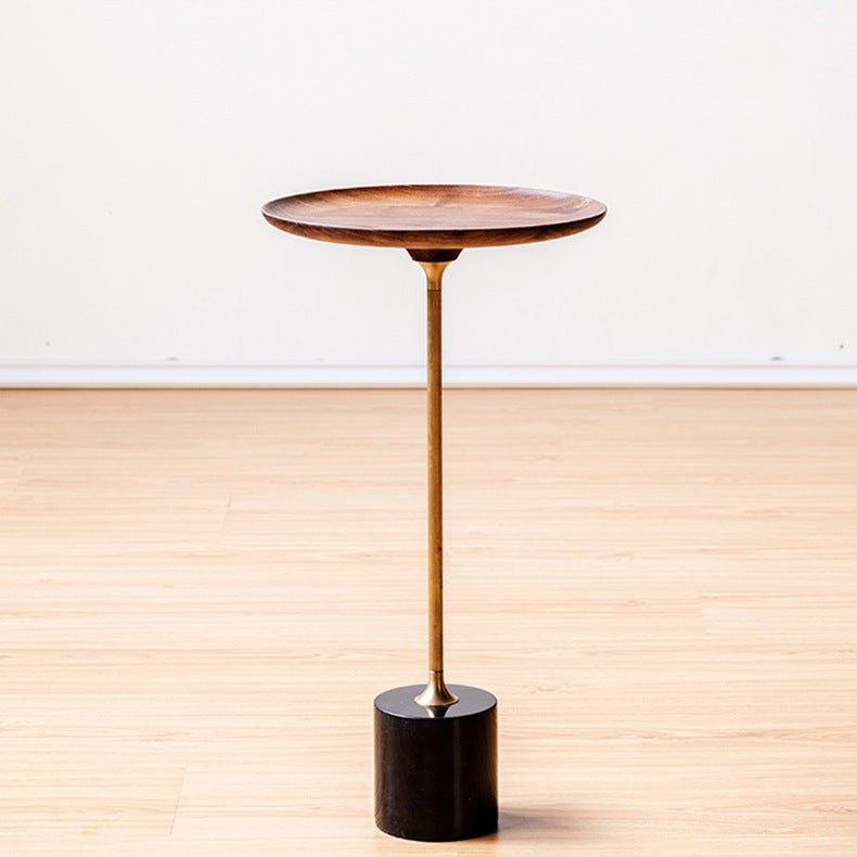 Round Walnut Wood With Solid Steel Base End Table - Vintage Compact Functionality 1-Tray Side Table For Living Room Lumendat
