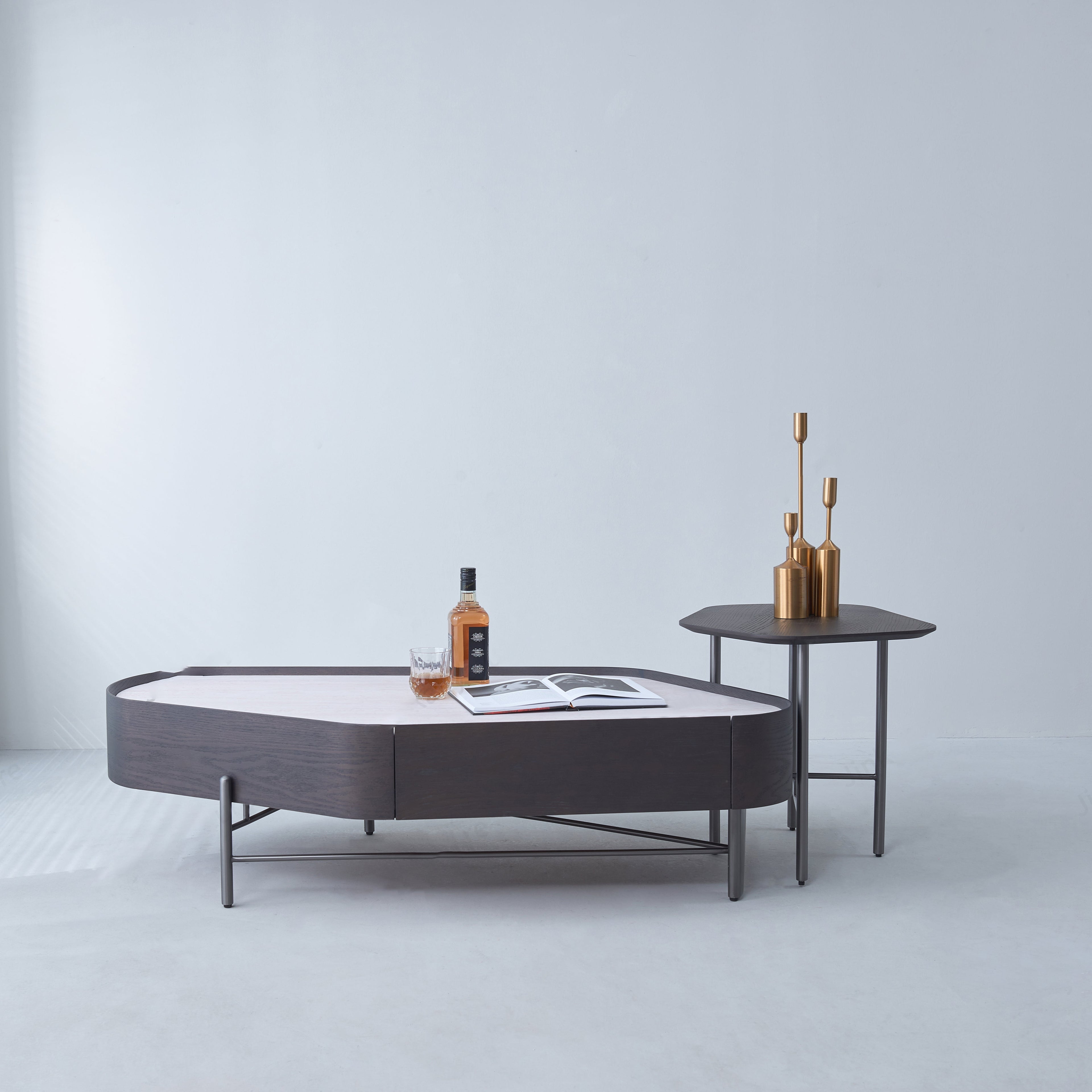 Geometric Natural Wood Travertine Carbon Steel Coffee Table - Nordic Stable Side Table For Living Room Lumendat