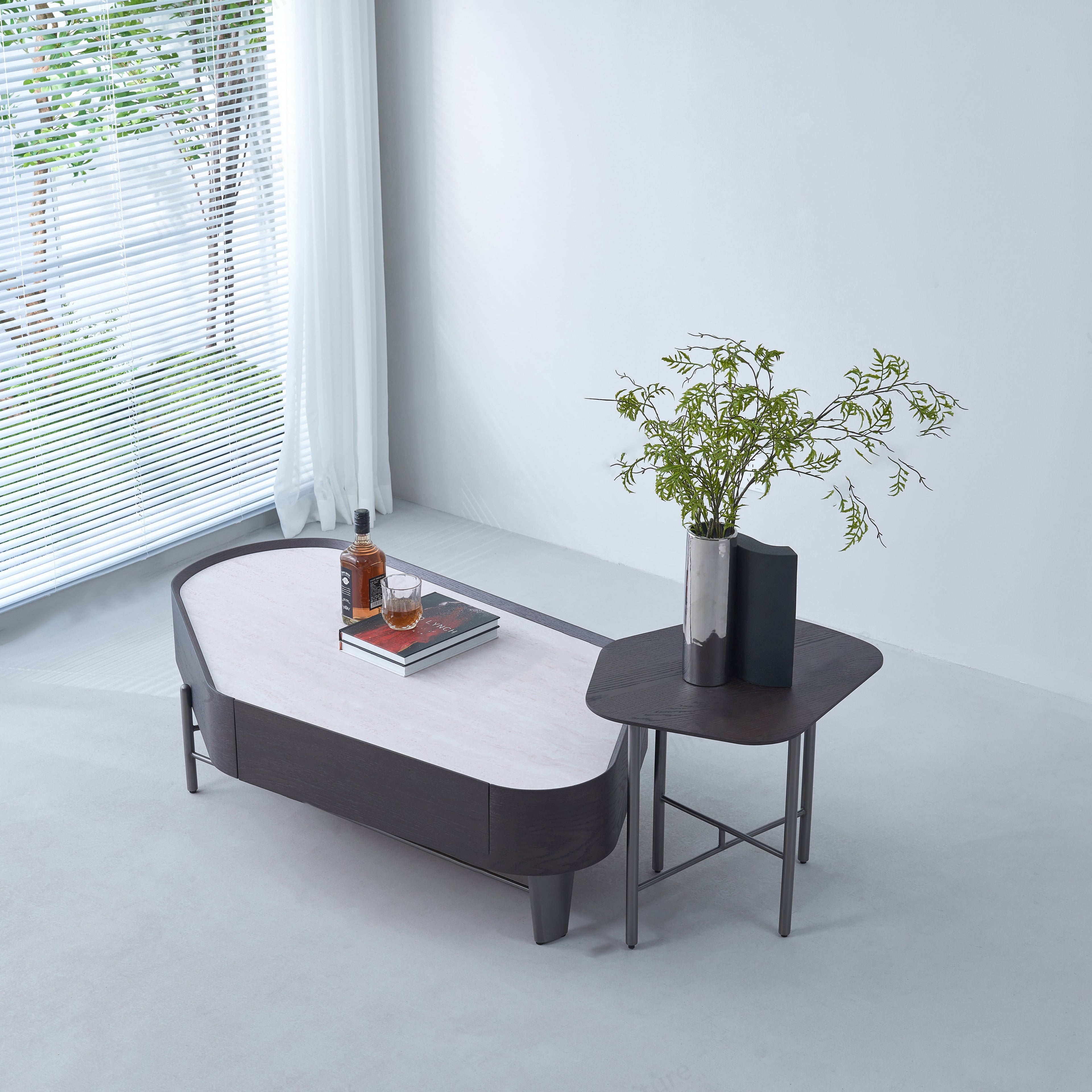 Geometric Natural Wood Travertine Carbon Steel Coffee Table - Nordic Stable Side Table For Living Room Lumendat
