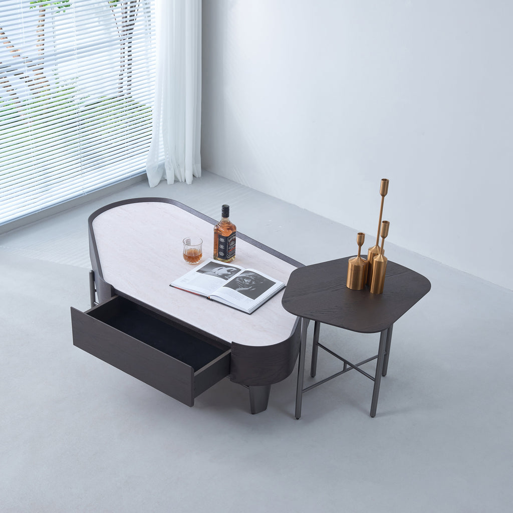 Geometric Natural Wood Travertine Carbon Steel Coffee Table - Nordic Stable Side Table For Living Room Lumendat