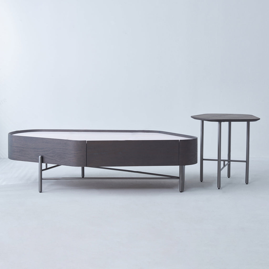 Geometric Natural Wood Travertine Carbon Steel Coffee Table - Nordic Stable Side Table For Living Room Lumendat