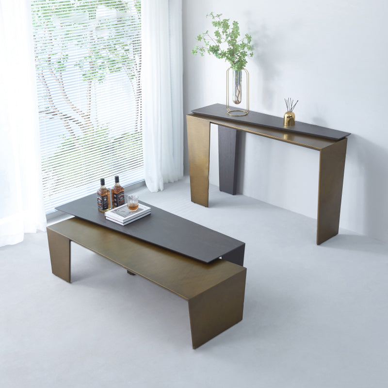 Rectangular Antique Brass Walnut Wood Coffee Table - Creative Sleek Silhouette End Table For Living Room Lumendat