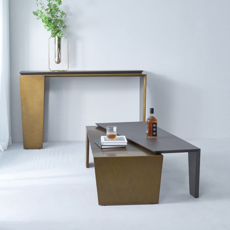 Rectangular Antique Brass Walnut Wood Coffee Table - Creative Sleek Silhouette End Table For Living Room Lumendat