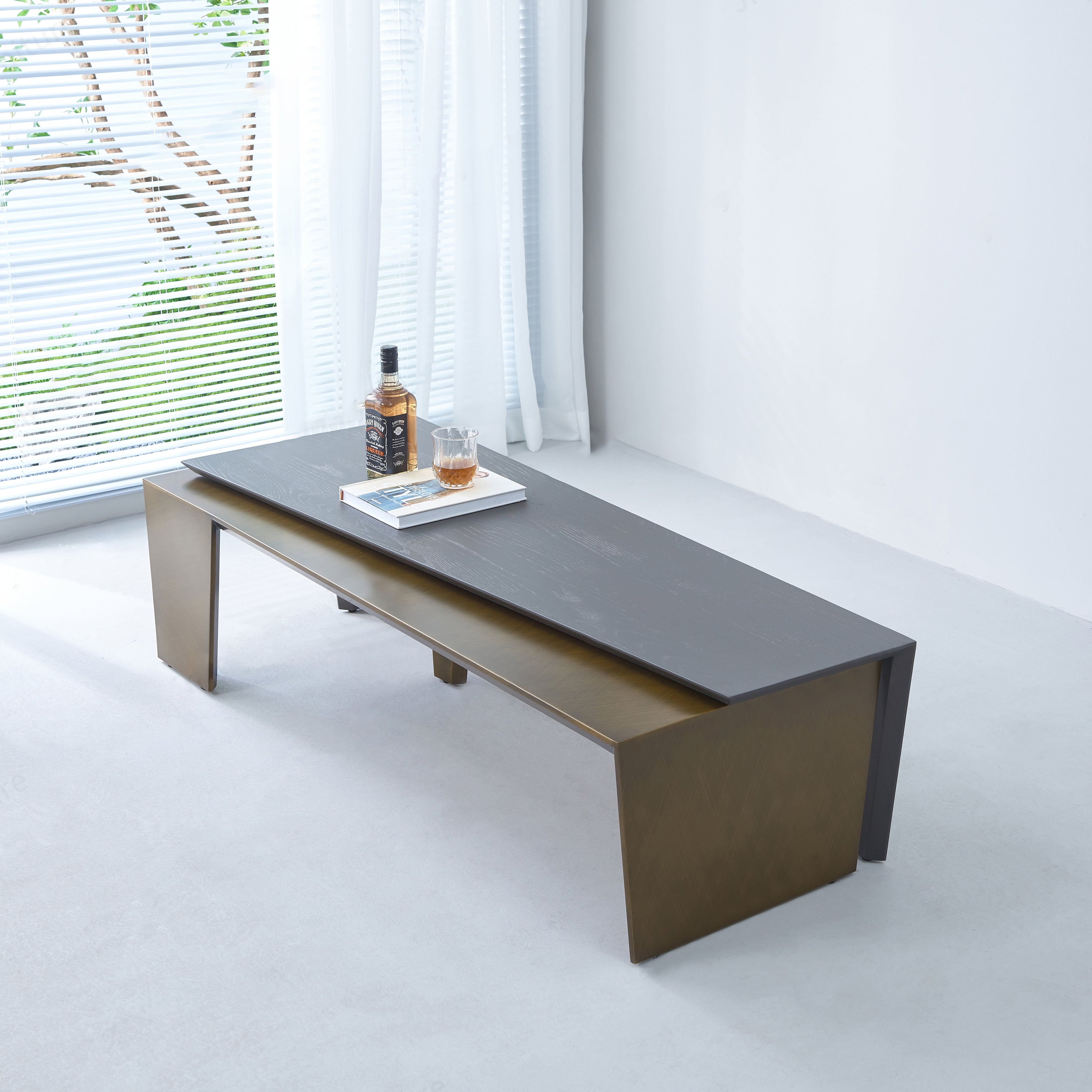Rectangular Antique Brass Walnut Wood Coffee Table - Creative Sleek Silhouette End Table For Living Room Lumendat
