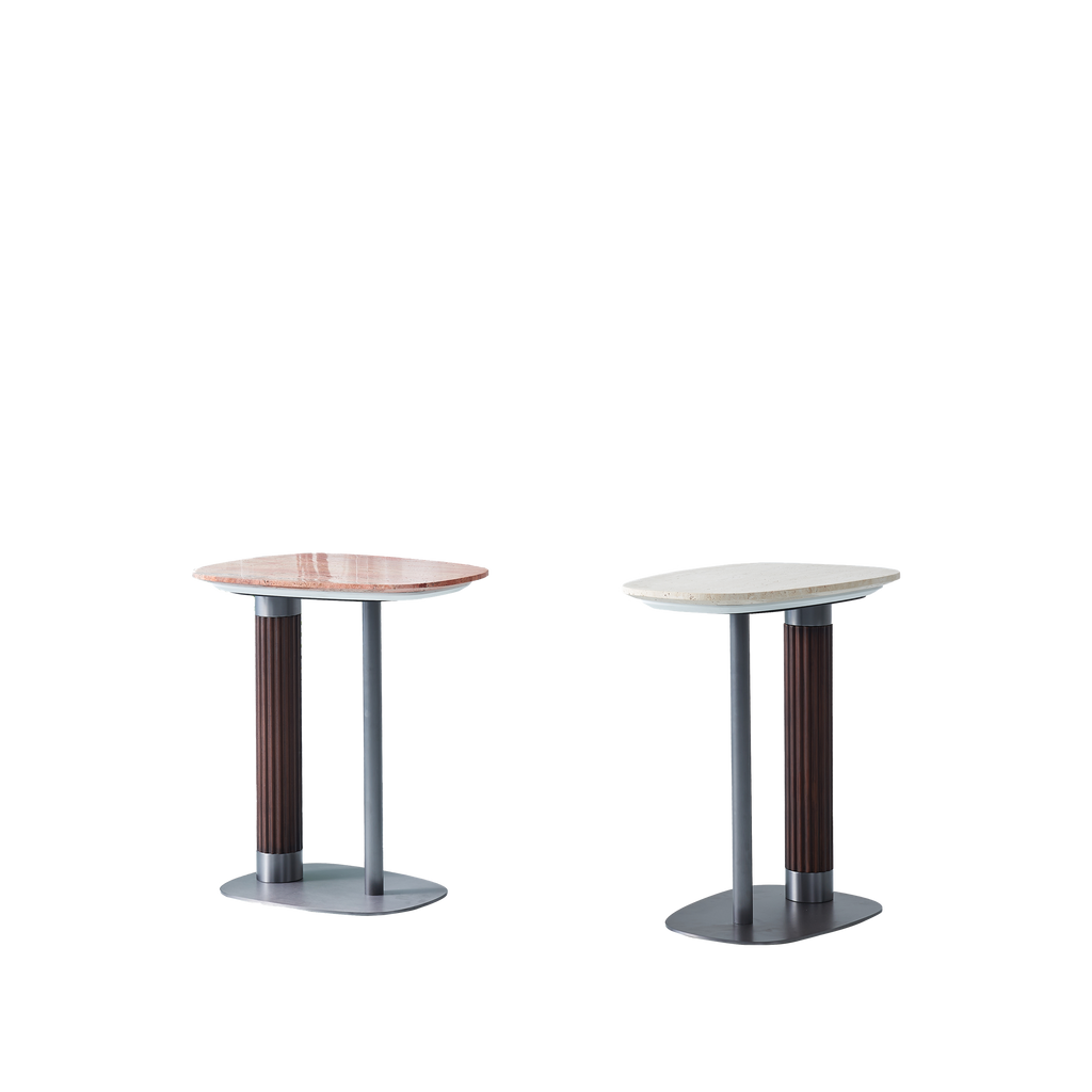 Irregular Rounded-Rectangle Natural Marble Solid Wood End Table - Scandinavian Dual-Pillar Legs Accent Table For Living Room Lumendat
