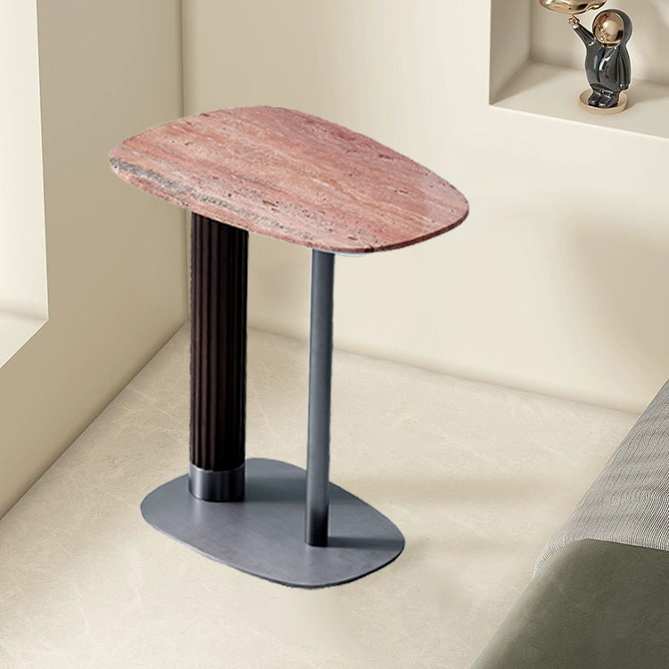 Irregular Rounded-Rectangle Natural Marble Solid Wood End Table - Scandinavian Dual-Pillar Legs Accent Table For Living Room Lumendat
