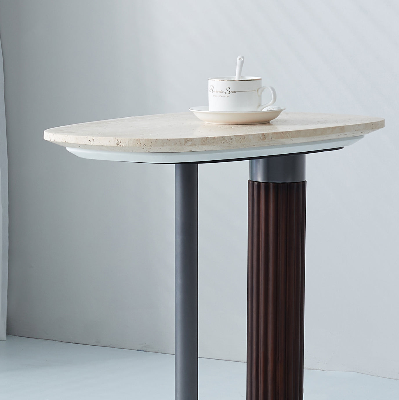 Irregular Rounded-Rectangle Natural Marble Solid Wood End Table - Scandinavian Dual-Pillar Legs Accent Table For Living Room Lumendat